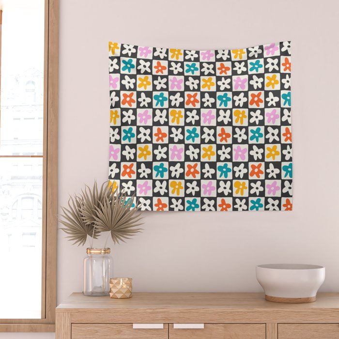 Trendy checkered flower art pattern Wall Tapestry Gallery Image 2