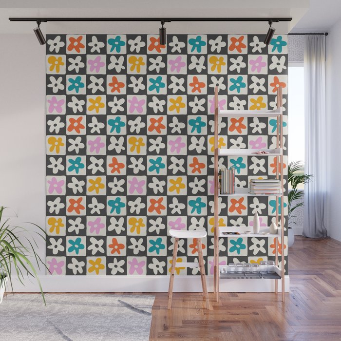 Trendy checkered flower art pattern Wall Mural Gallery Image 1