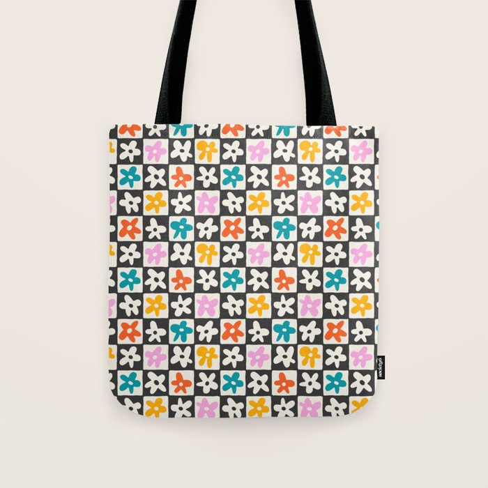 Trendy checkered flower art pattern Tote Bag Gallery Image 1