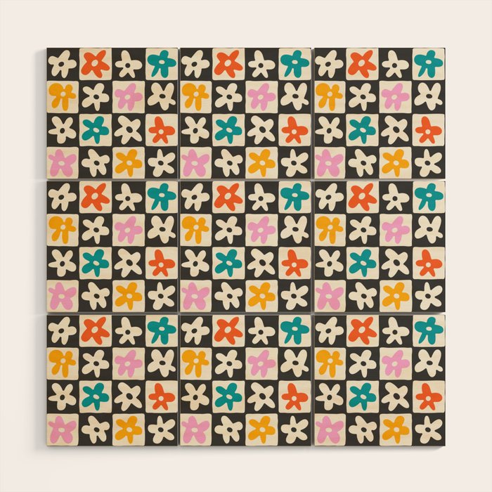 Trendy checkered flower art pattern Wood Wall Art Gallery Image 1