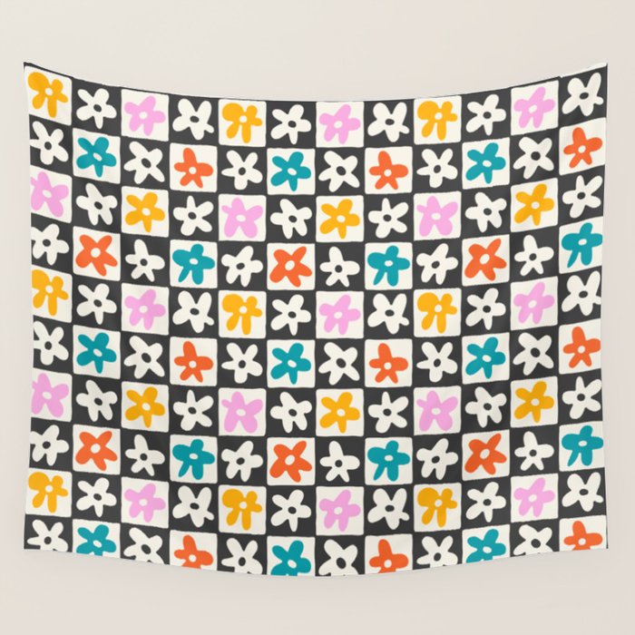 Trendy checkered flower art pattern Wall Tapestry Gallery Image 4