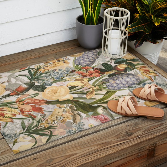 Vintage Tropical Flower And Bird Garden Outdoor Rug Gallery Image 2