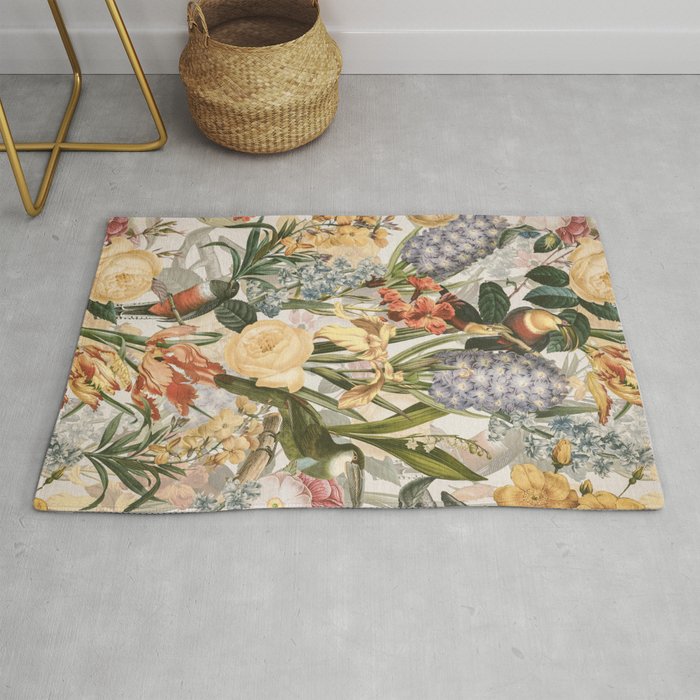 Vintage Tropical Flower And Bird Garden Rug Gallery Image 1