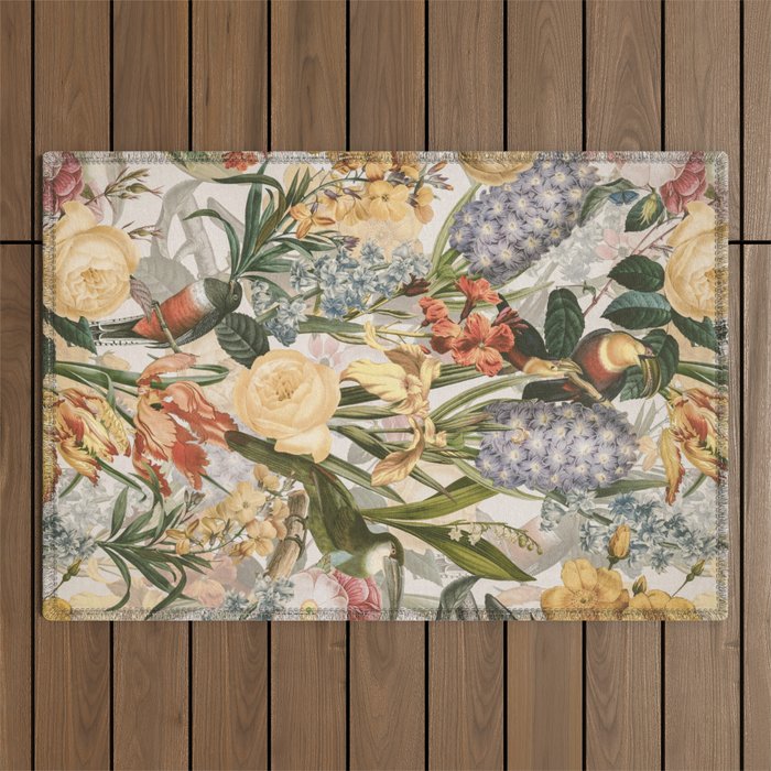 Vintage Tropical Flower And Bird Garden Outdoor Rug Gallery Image 1