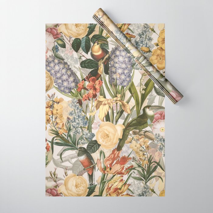 Vintage Tropical Flower And Bird Garden Wrapping Paper Gallery Image 1
