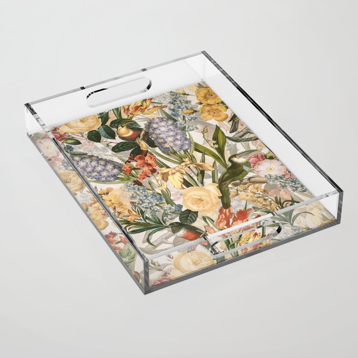 Vintage Tropical Flower And Bird Garden Acrylic Tray Gallery Image 1
