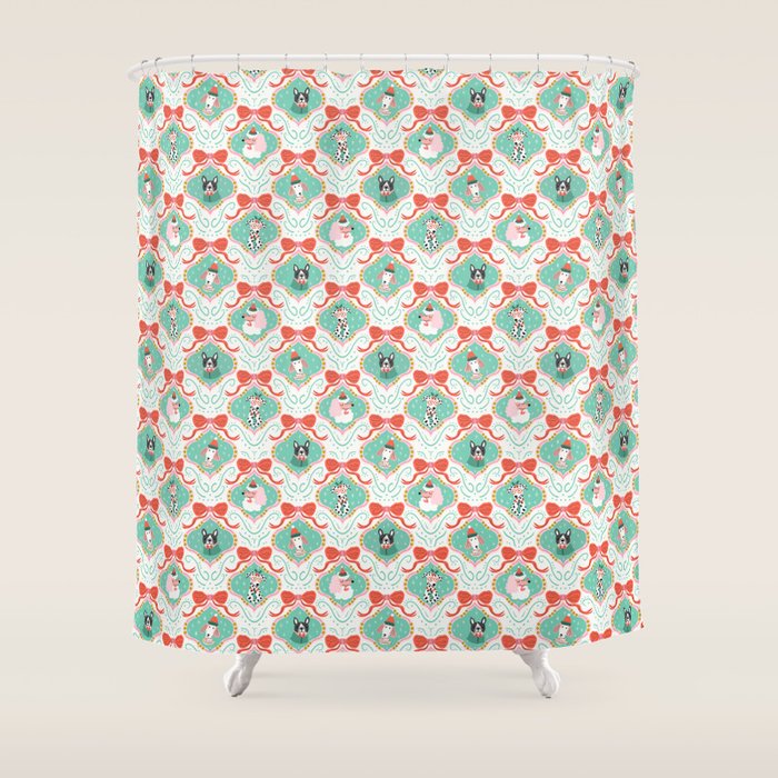 Christmas Dogs Festive Furry Holiday Ornaments Damask Pastel Green Shower Curtain Gallery Image 1