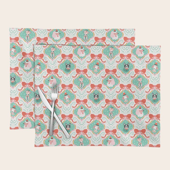 Christmas Dogs Festive Furry Holiday Ornaments Damask Pastel Green Placemat Gallery Image 1