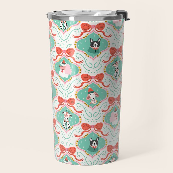 Christmas Dogs Festive Furry Holiday Ornaments Damask Pastel Green Travel Mug Gallery Image 2