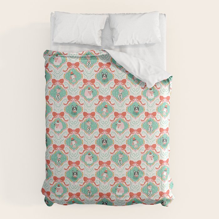 Christmas Dogs Festive Furry Holiday Ornaments Damask Pastel Green Comforter Gallery Image 1