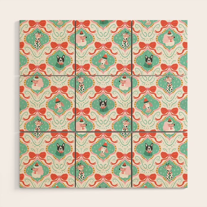 Christmas Dogs Festive Furry Holiday Ornaments Damask Pastel Green Wood Wall Art Gallery Image 1