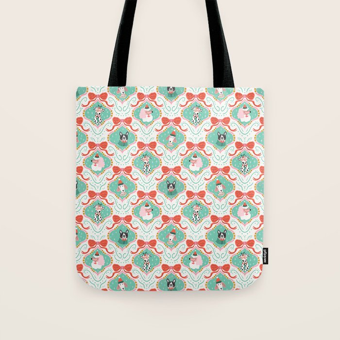 Christmas Dogs Festive Furry Holiday Ornaments Damask Pastel Green Tote Bag Gallery Image 1