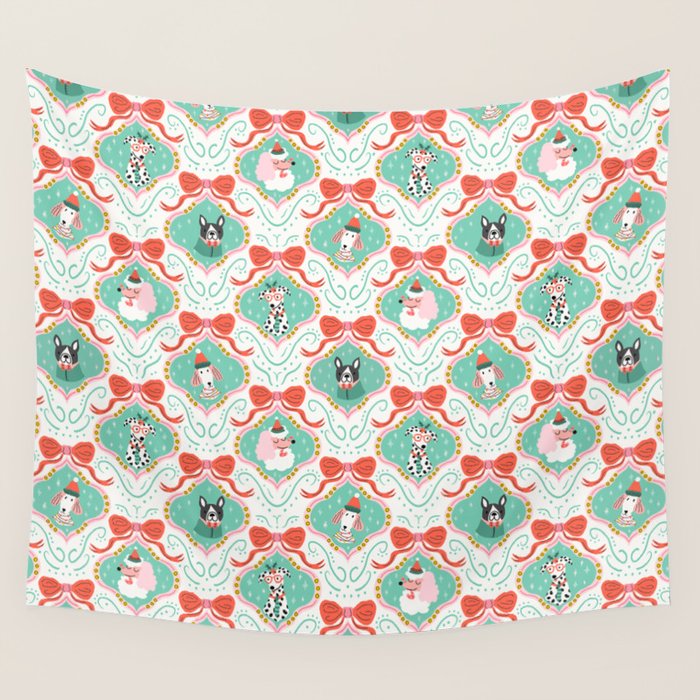 Christmas Dogs Festive Furry Holiday Ornaments Damask Pastel Green Wall Tapestry Gallery Image 4