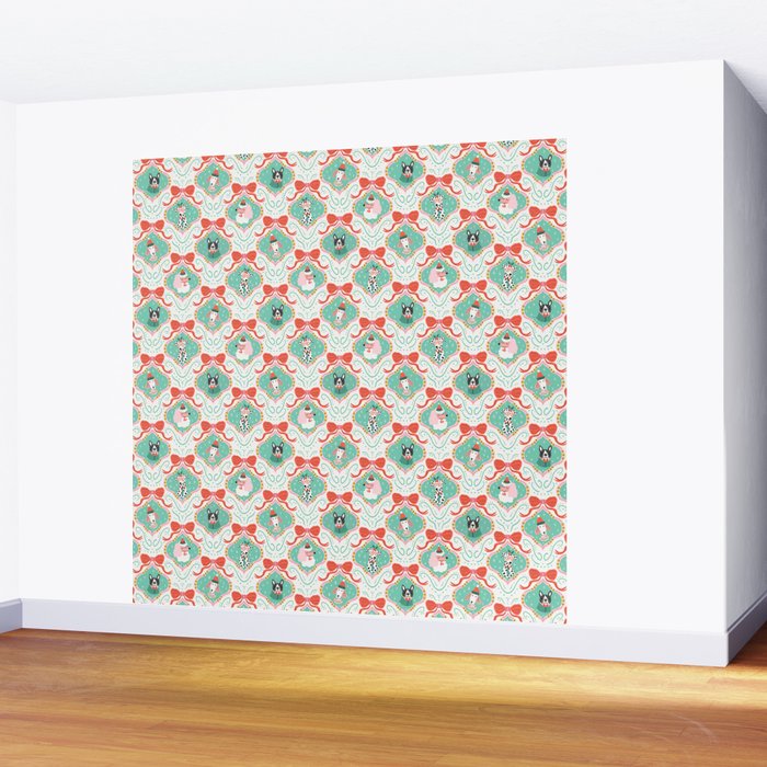 Christmas Dogs Festive Furry Holiday Ornaments Damask Pastel Green Wall Mural Gallery Image 2