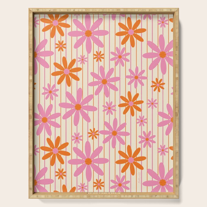  Retro 70s Groovy Daisy Pattern with Stripes, Hot Orange and Pink Serving Tray Gallery Image 1