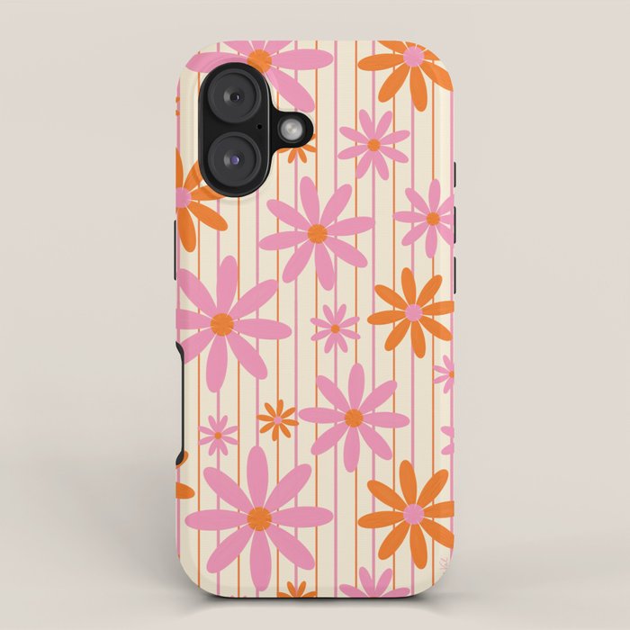  Retro 70s Groovy Daisy Pattern with Stripes, Hot Orange and Pink iPhone Case Gallery Image 1