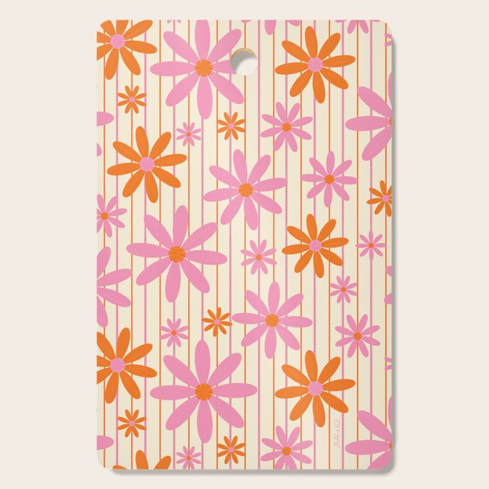  Retro 70s Groovy Daisy Pattern with Stripes, Hot Orange and Pink Cutting Board Gallery Image 1