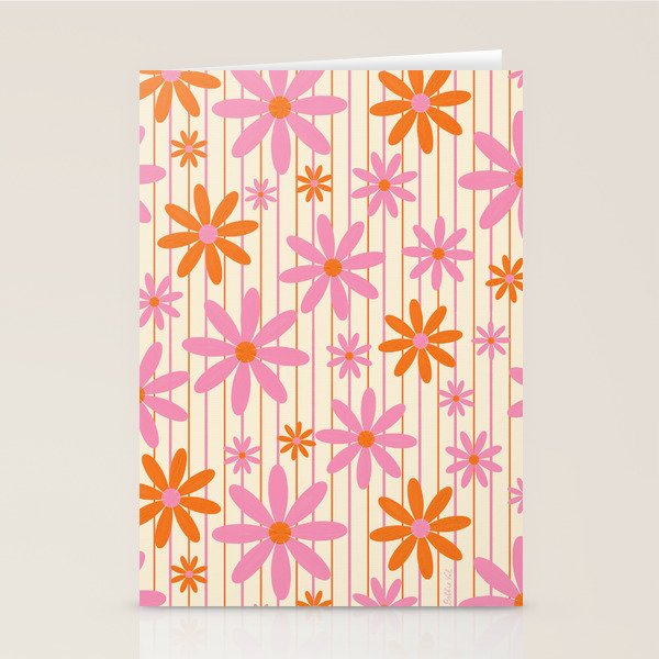  Retro 70s Groovy Daisy Pattern with Stripes, Hot Orange and Pink Stationery Card Gallery Image 2