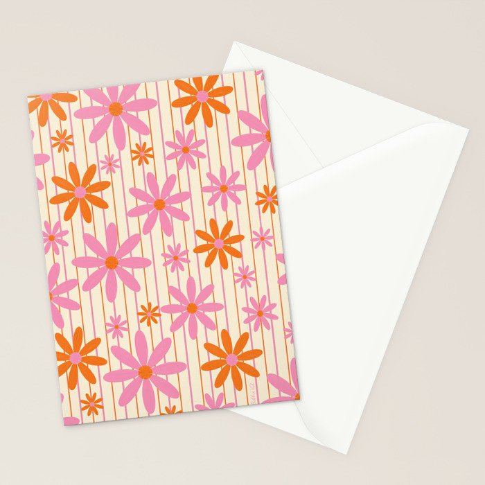  Retro 70s Groovy Daisy Pattern with Stripes, Hot Orange and Pink Stationery Card Gallery Image 2