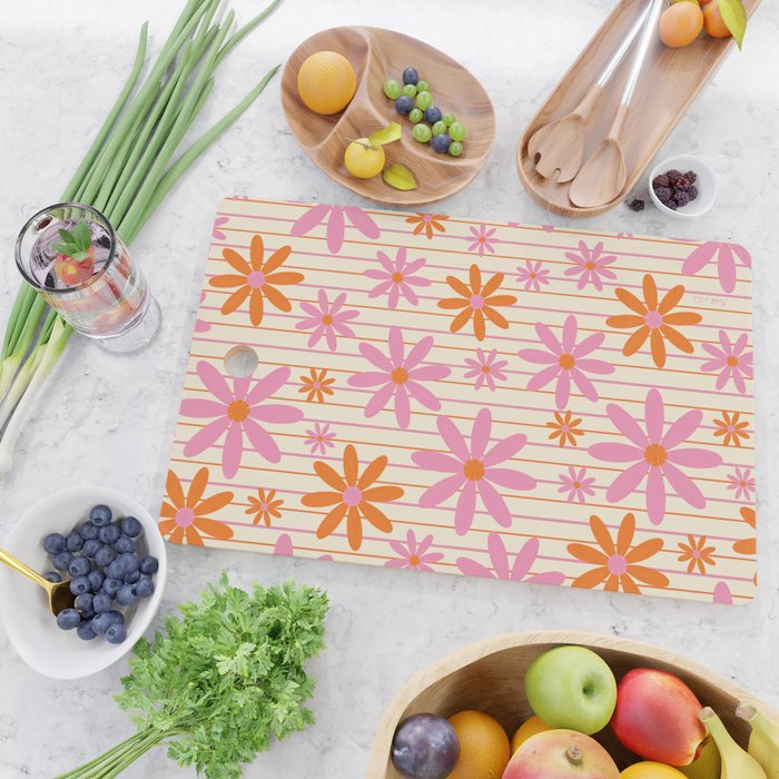  Retro 70s Groovy Daisy Pattern with Stripes, Hot Orange and Pink Cutting Board Gallery Image 2
