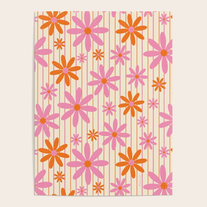  Retro 70s Groovy Daisy Pattern with Stripes, Hot Orange and Pink Poster Gallery Image 4