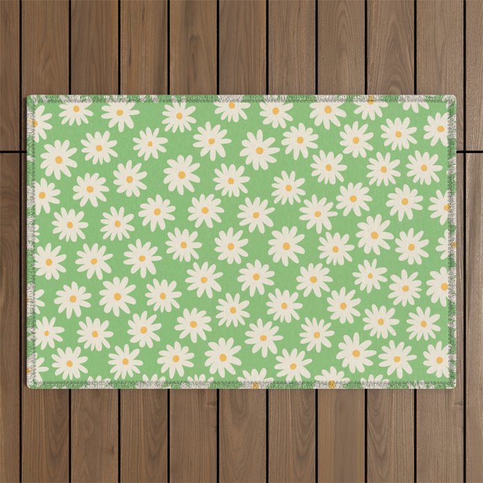 Retro Daisy Flower in Green Outdoor Rug Gallery Image 1
