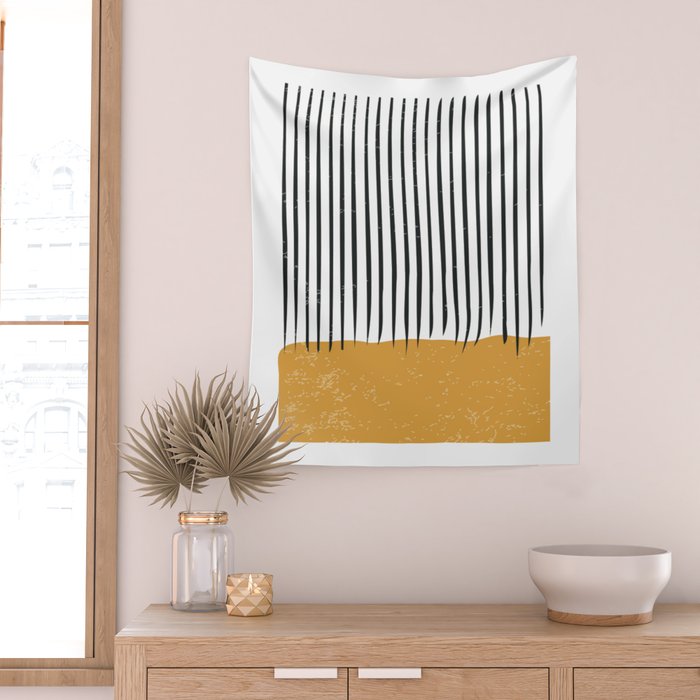 (White Background) Mid Century Modern Minimalist Rothko Inspired Color Field With Lines Geometric Style  Wall Tapestry Gallery Image 2