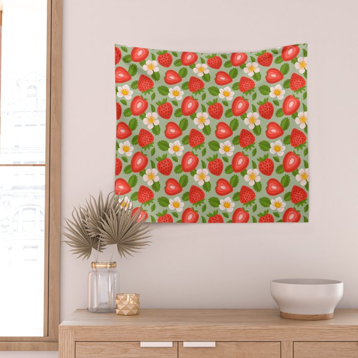 Strawberry Pattern on Mint Green Wall Tapestry Gallery Image 2