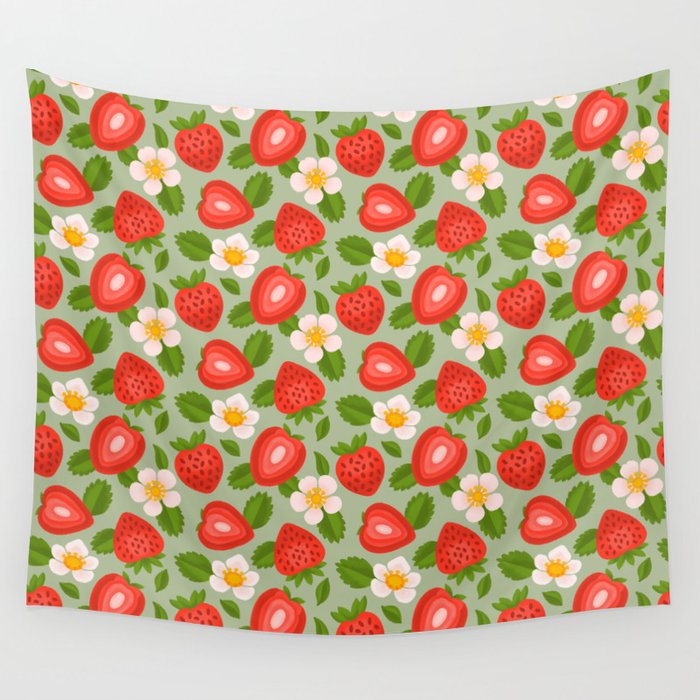 Strawberry Pattern on Mint Green Wall Tapestry Gallery Image 1