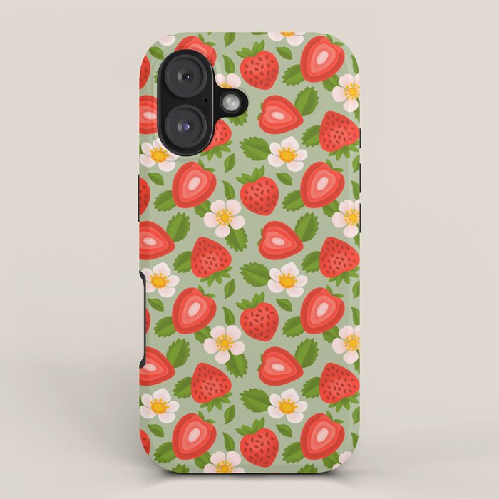 Strawberry Pattern on Mint Green iPhone Case Gallery Image 1