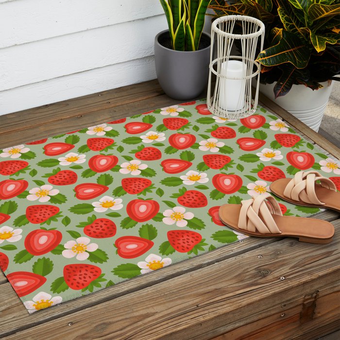 Strawberry Pattern on Mint Green Outdoor Rug Gallery Image 2