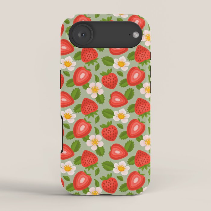 Strawberry Pattern on Mint Green iPhone Case Gallery Image 2