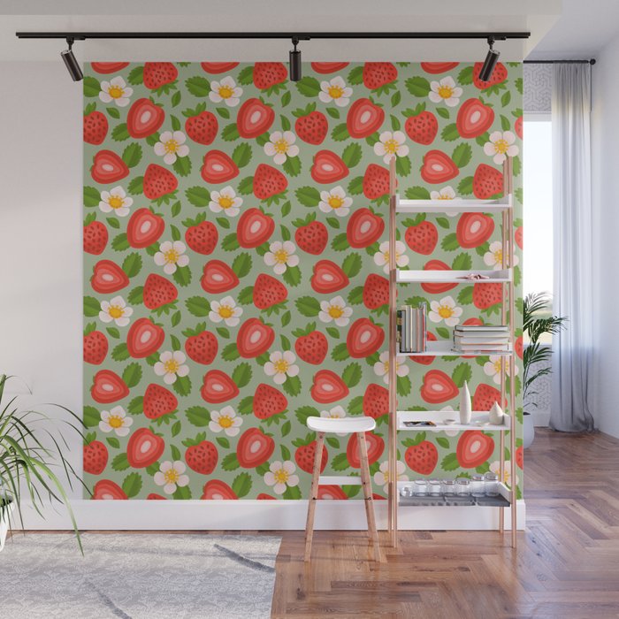 Strawberry Pattern on Mint Green Wall Mural Gallery Image 1