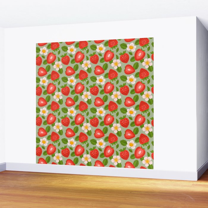 Strawberry Pattern on Mint Green Wall Mural Gallery Image 2