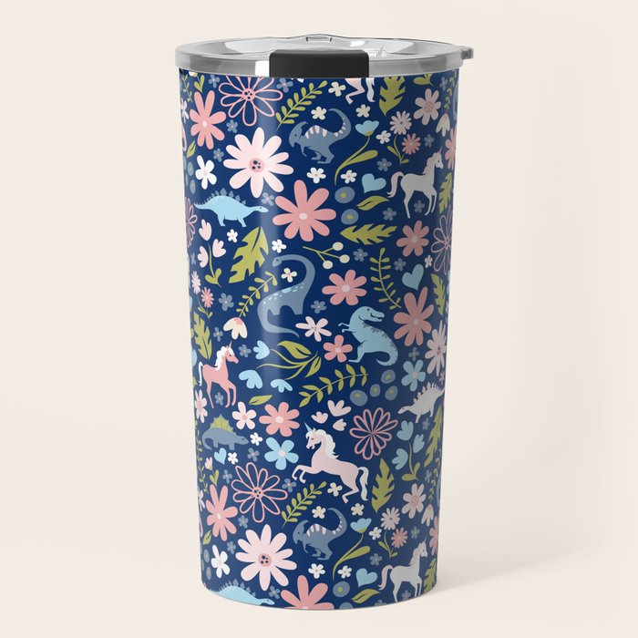 Dinosaur + Unicorn on Royal Blue Travel Mug Gallery Image 1