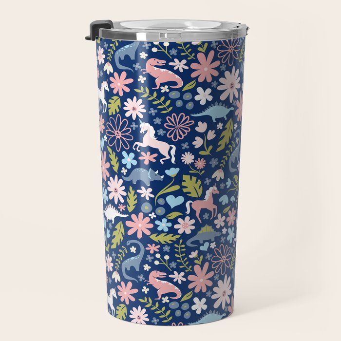 Dinosaur + Unicorn on Royal Blue Travel Mug Gallery Image 3