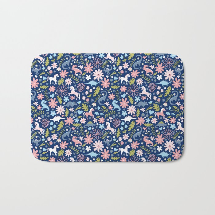 Dinosaur + Unicorn on Royal Blue Bath Mat Gallery Image 1