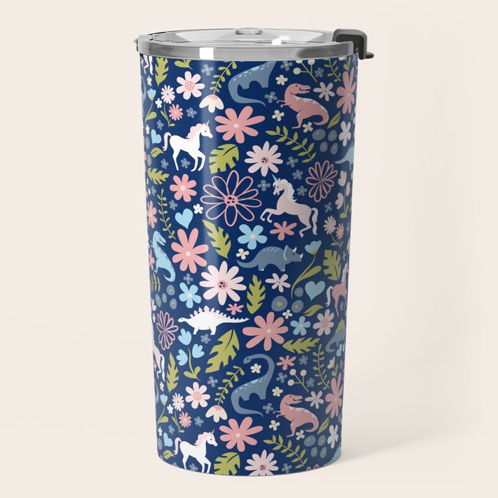 Dinosaur + Unicorn on Royal Blue Travel Mug Gallery Image 2