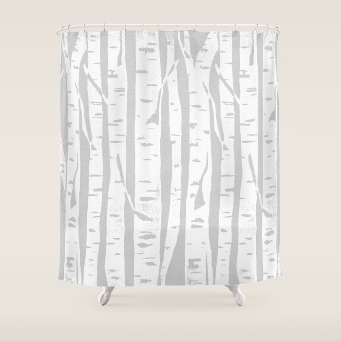 Woodcut Birches Grey Shower Curtain Gallery Image 1
