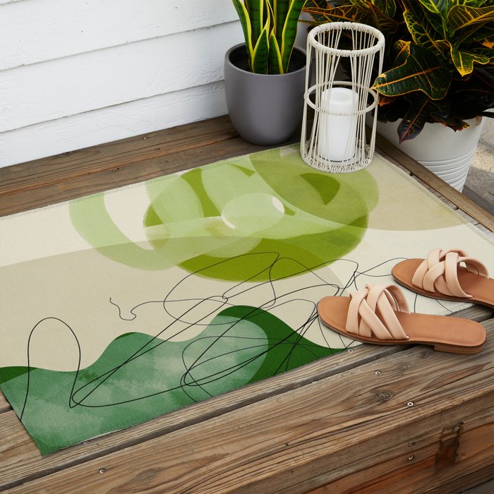 relations in green boho lines & shapes Outdoor Rug Gallery Image 2