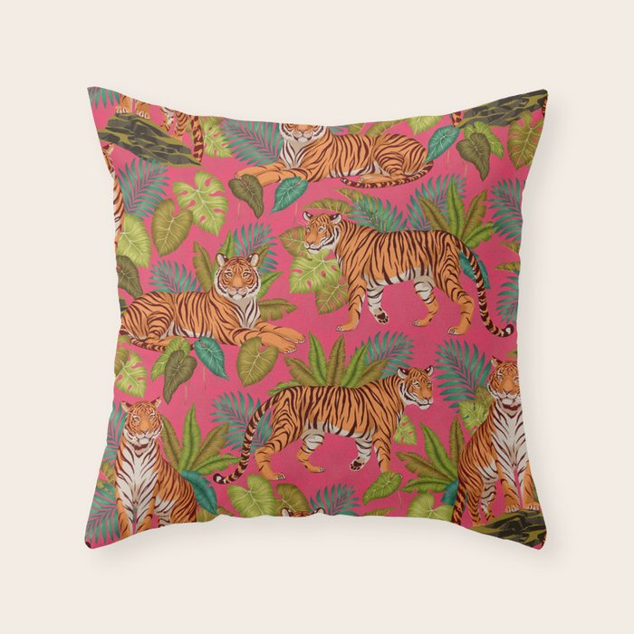 Tropical Tigers In Hot Pink Throw Pillow Gallery Image 1