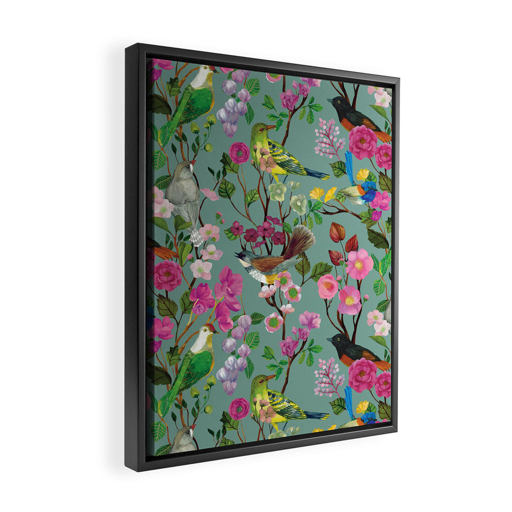 Birds and Blooms Chinoiserie {Duck Egg} Framed Canvas Print Gallery Image 2