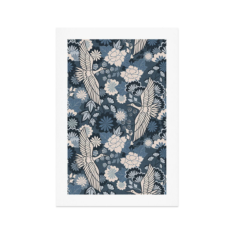 Cranes and Chrysanthemums - Indigo Blue Art Print Gallery Image 1