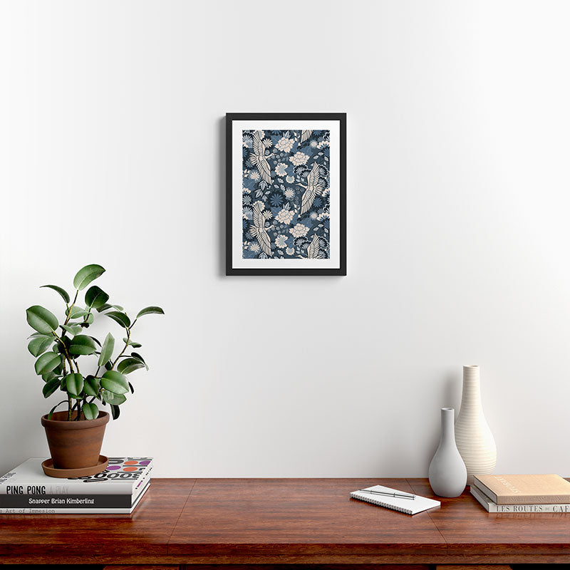 Cranes and Chrysanthemums - Indigo Blue Framed Art Print Gallery Image 2