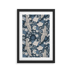 Cranes and Chrysanthemums - Indigo Blue Framed Art Print Gallery Image 3
