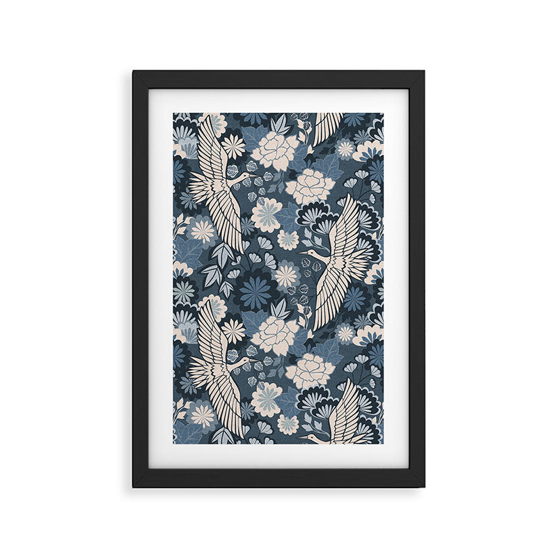 Cranes and Chrysanthemums - Indigo Blue Framed Art Print Gallery Image 3