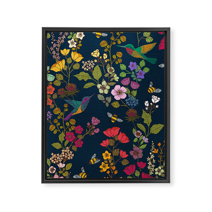Hummingbirds and Bees {Deep Blue} Framed Canvas Print Gallery Image 1