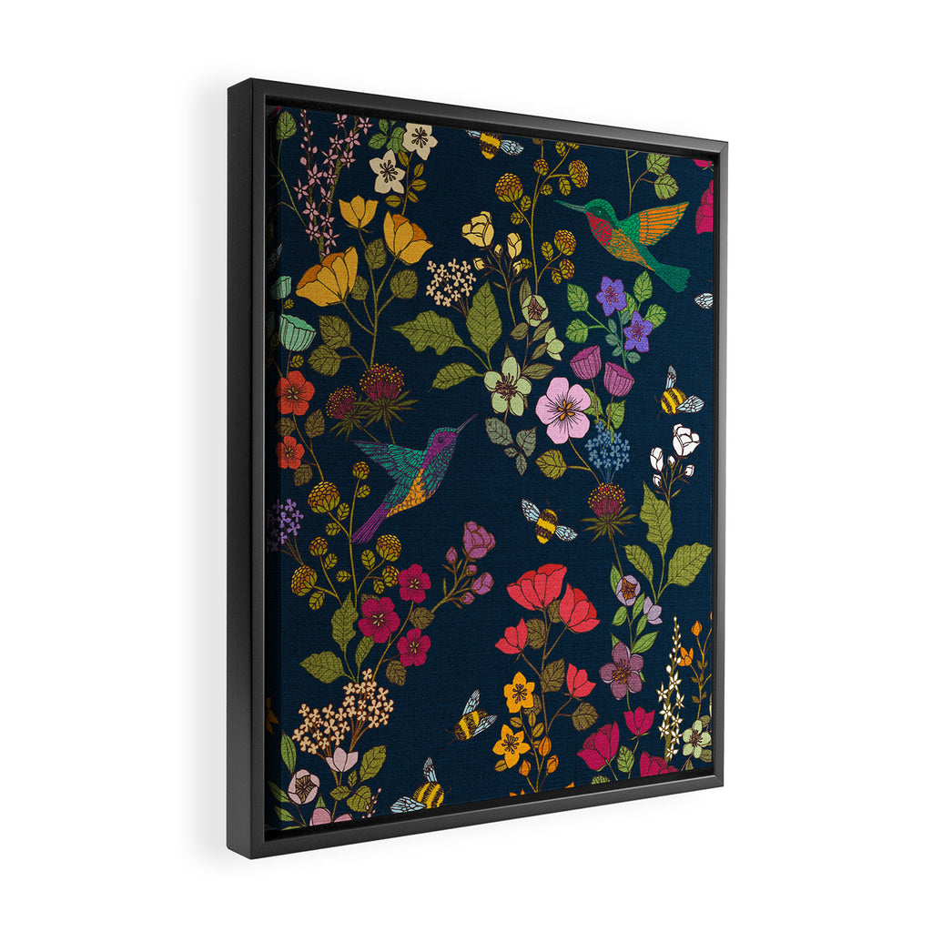 Hummingbirds and Bees {Deep Blue} Framed Canvas Print Gallery Image 2