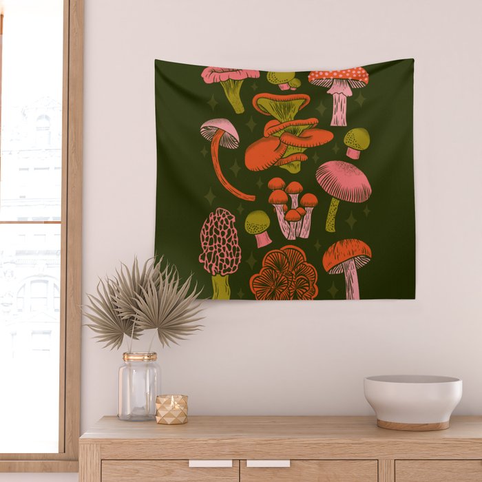 Texas Mushrooms - Bright Multicolor on Green Wall Tapestry Gallery Image 2