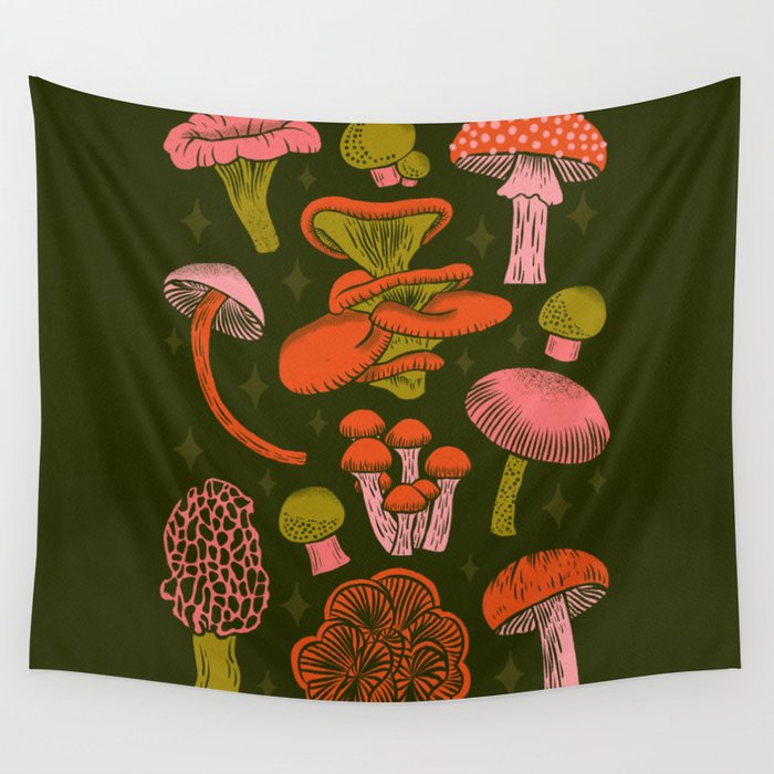 Texas Mushrooms - Bright Multicolor on Green Wall Tapestry Gallery Image 4